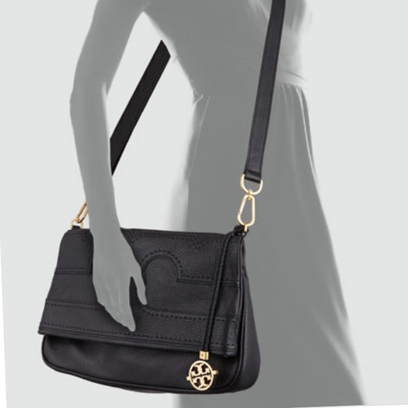 Tory Burch Amalie black fold over messenger black pebbled leather bag - Picture 3 of 16